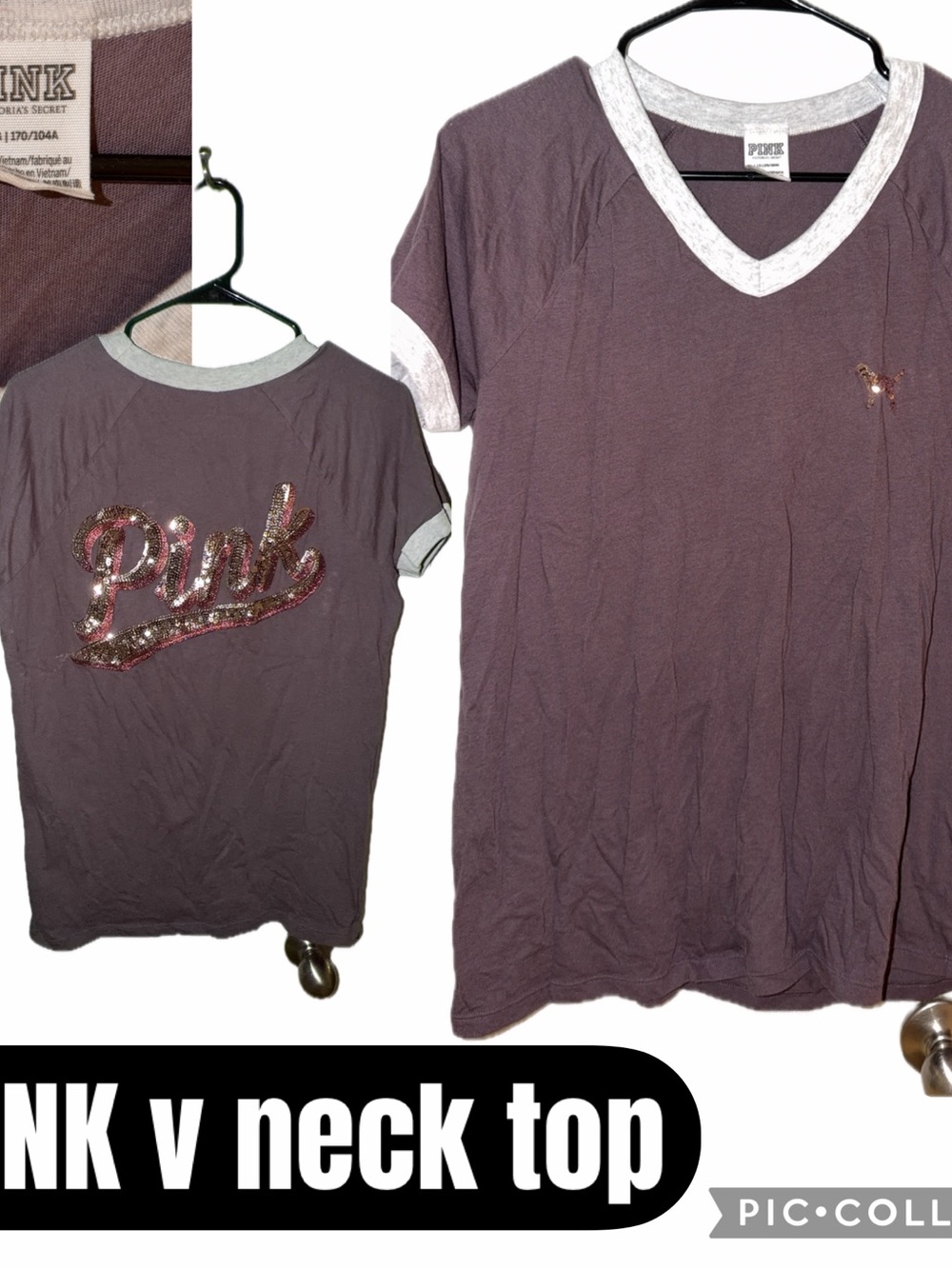 PINK Victoria's Secret Mauve V‑Neck Short Sleeve Tee with Sequined Logo